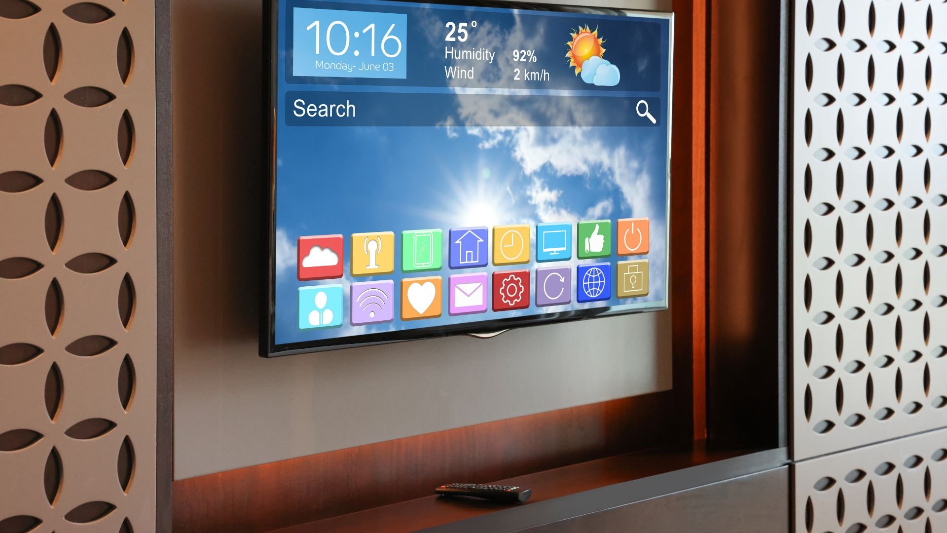 Smart TV display showing weather, time, and colorful app icons